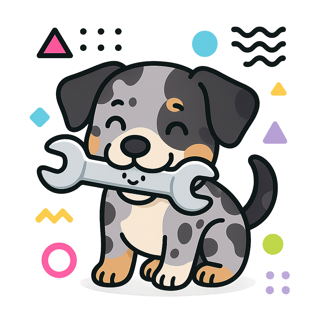 Illustration of A catahoula dog biting on a wrench like if it was a bone