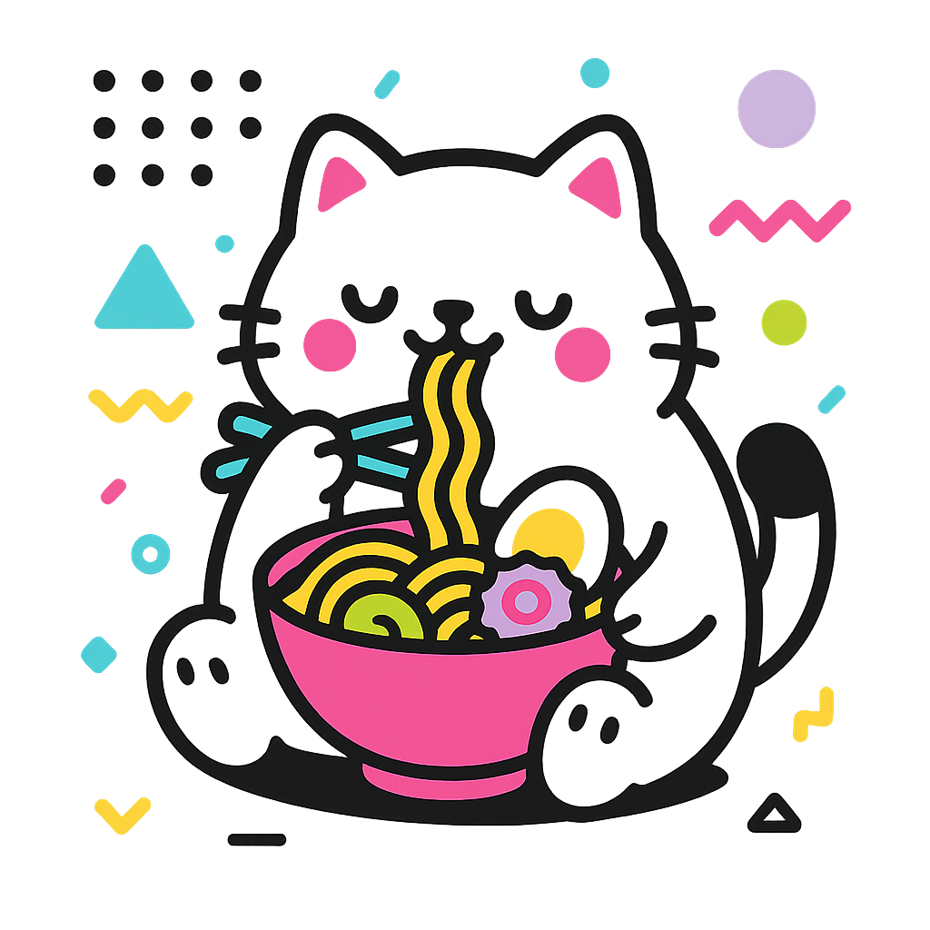 Illustration of Fat cat enjoys ramen soup