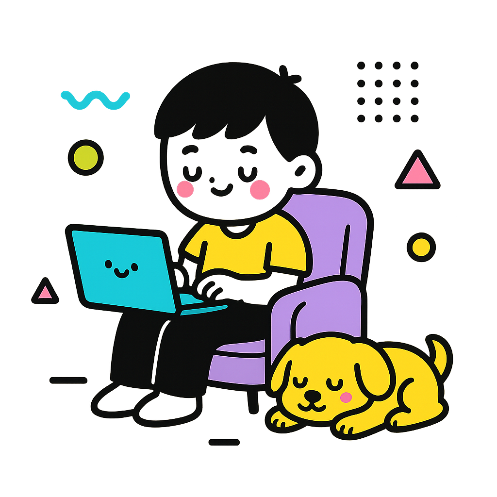 Illustration of Boy typing with dog