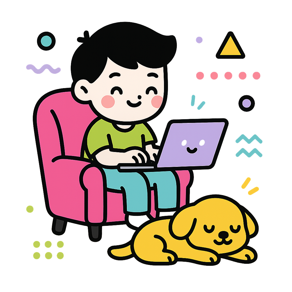 Illustration of Boy typing with dog